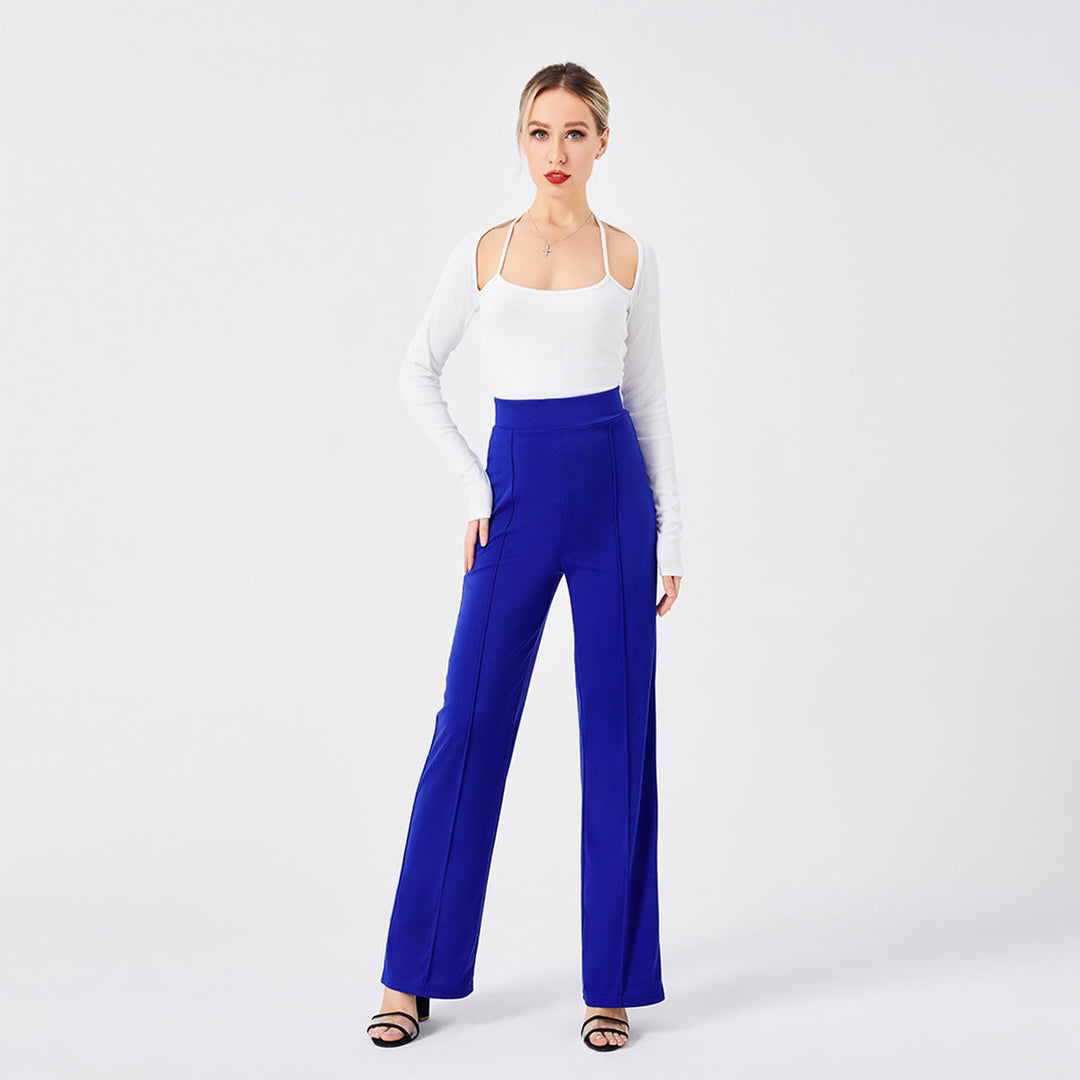 Vista laterale: Pantaloni a zampa vita alta slim, che slanciano la figura, per donna.
