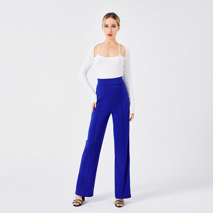Vista laterale: Pantaloni a zampa vita alta slim, che slanciano la figura, per donna.
