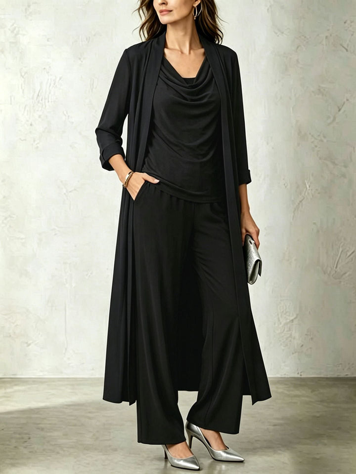 Completo donna 3 pezzi coordinato: cardigan lungo, top e pantaloni. Versatile per ogni occasione.