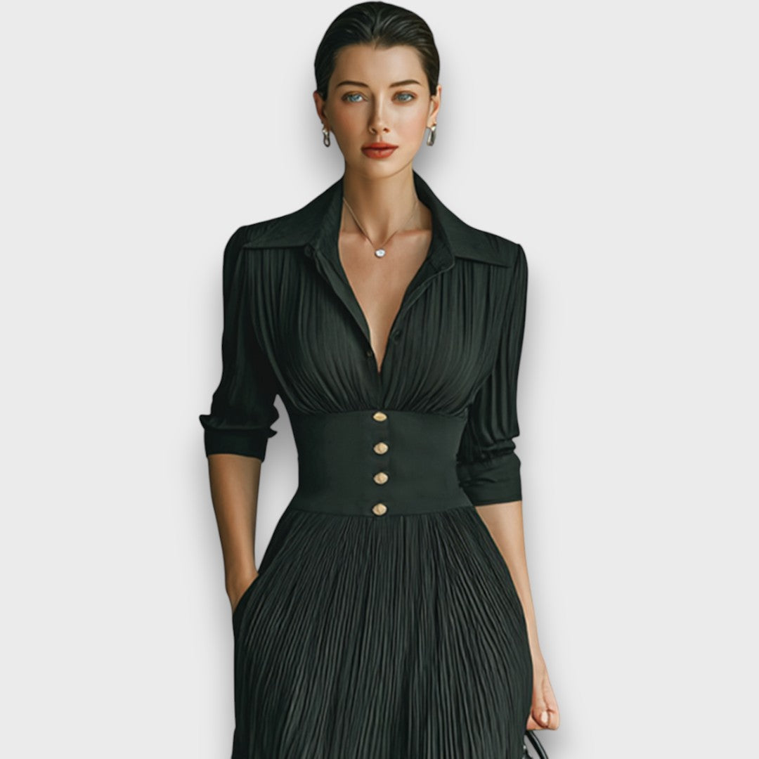 Vestito da sera maxi donna elegante, con gonna plissettata fluida e maniche lunghe, ideale per eventi formali.