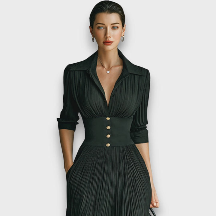 Vestito da sera maxi donna elegante, con gonna plissettata fluida e maniche lunghe, ideale per eventi formali.