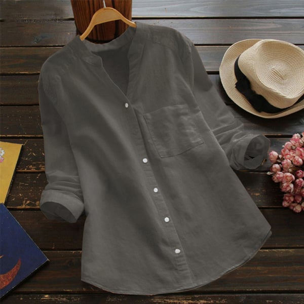 Camicia donna moderna a maniche lunghe, scollo a V. Vestibilità morbida e confortevole, perfetta per la moda femminile.