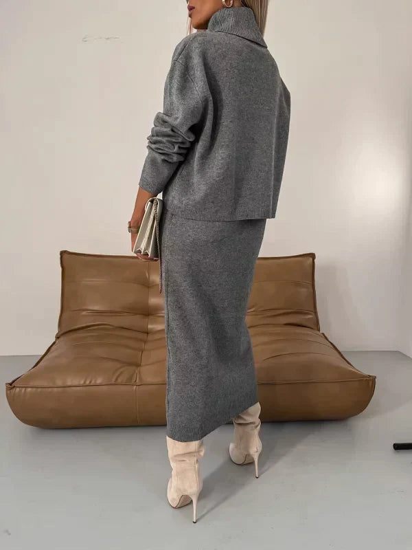 Set due pezzi donna in maglieria: maglione caldo e vestito midi. Abbigliamento elegante per l'inverno.