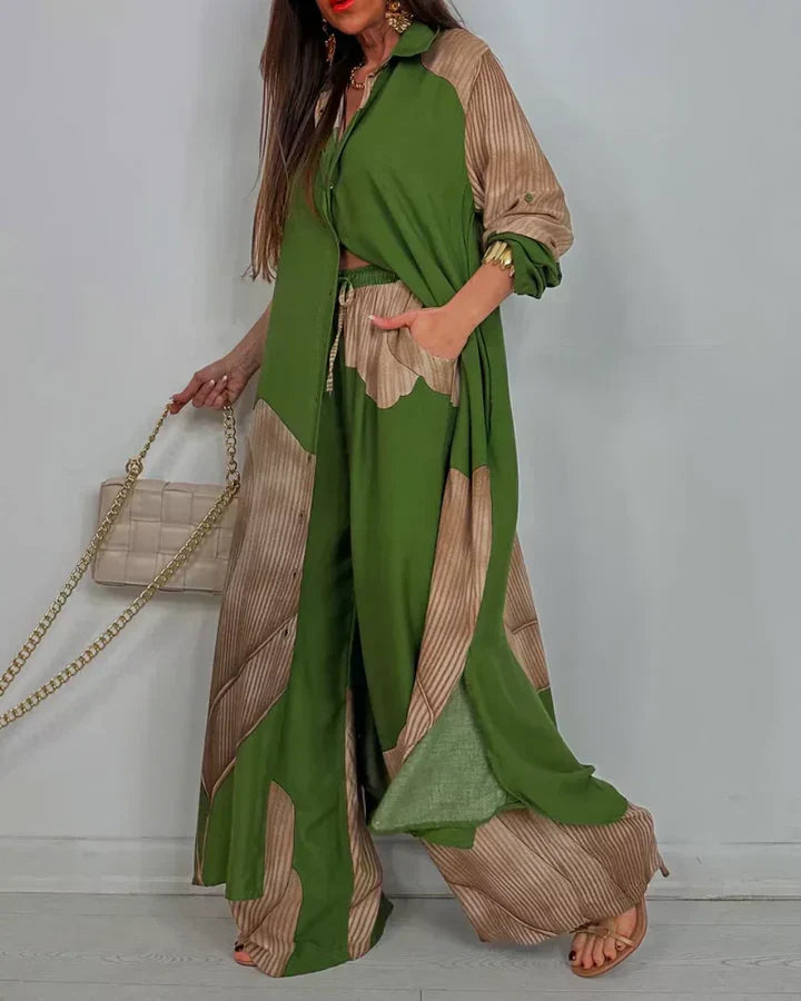 Completo donna primavera estate con camicia e pantaloni ampi. Abbigliamento femminile elegante e confortevole.