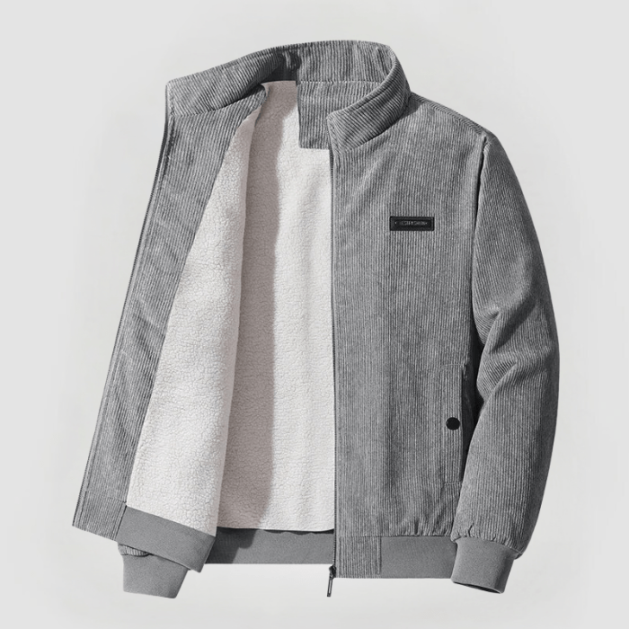 Giacca da uomo in velluto a coste autunno inverno, con collo alto. Stile casual elegante, calda e versatile per lui.