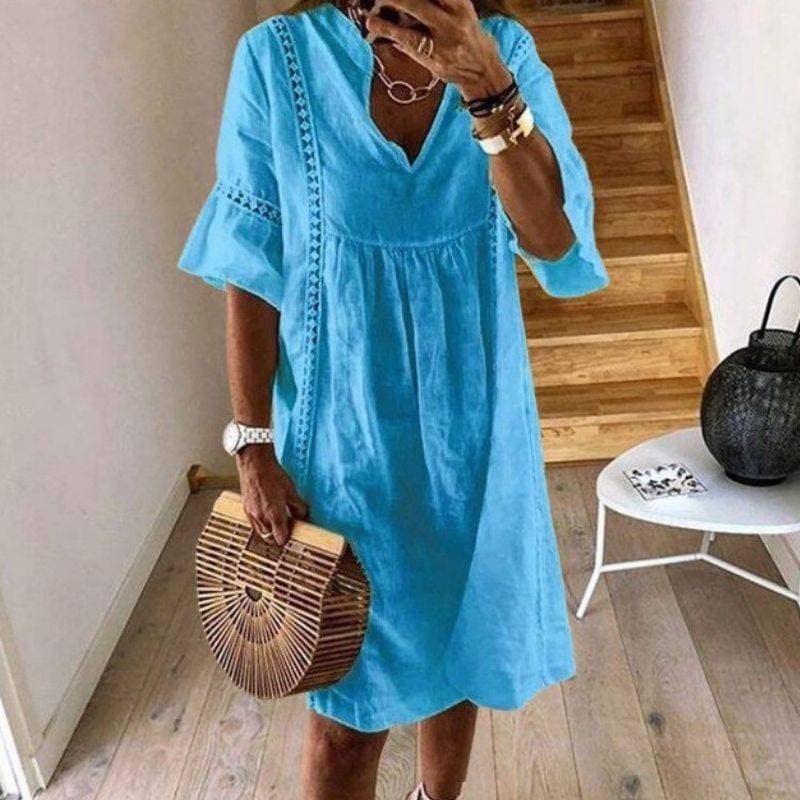 Abito boho donna estivo fluttuante con pizzo, perfetto per un look casual elegante sotto il sole. Scollo a V e al ginocchio.