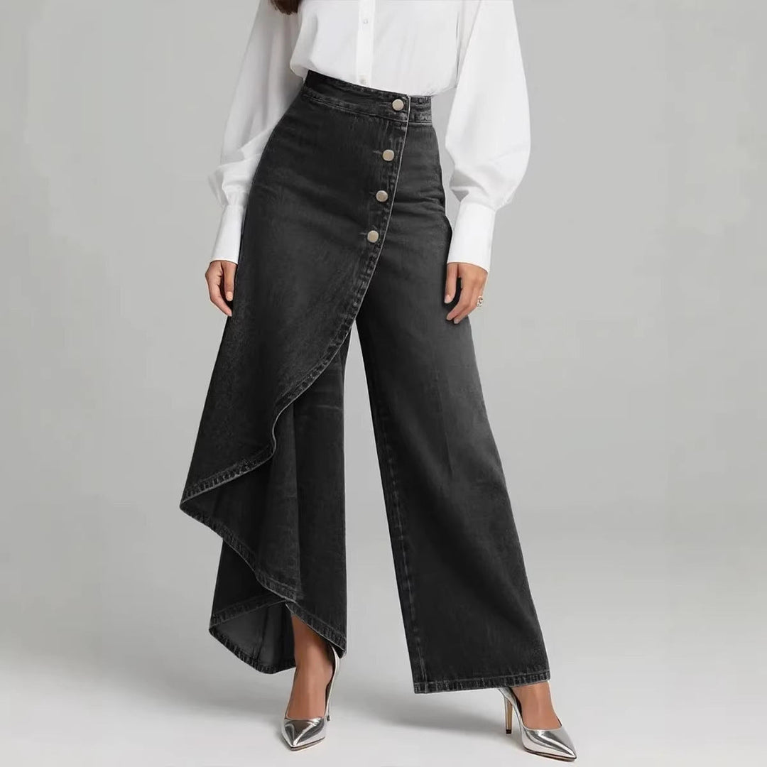 Pantaloni a gamba dritta donna, look effetto denim, bottoni decorativi, per outfit versatile e alla moda.