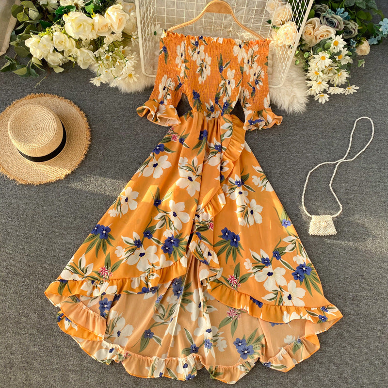 Abito midi da donna estivo con ampi volant e design a spalle scoperte, chic e confortevole.