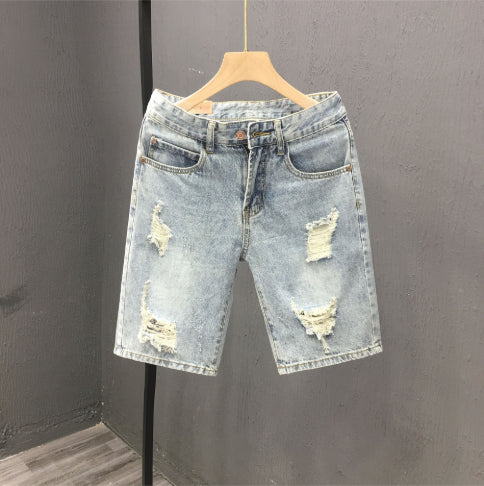 Shorts uomo denim strappati vita media, blu chiaro, casual e versatili per ogni occasione.