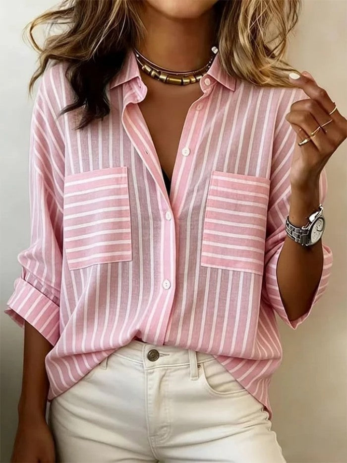 Camicia casual-elegante da donna a righe, maniche lunghe, perfetta per ogni occasione.