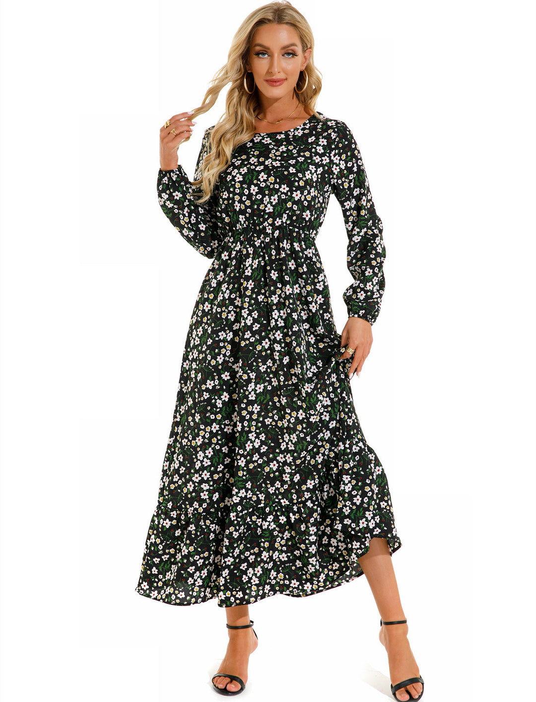 Abito lungo estivo floreale, scollo rotondo, perfetto per vacanze e outfit giornalieri chic.