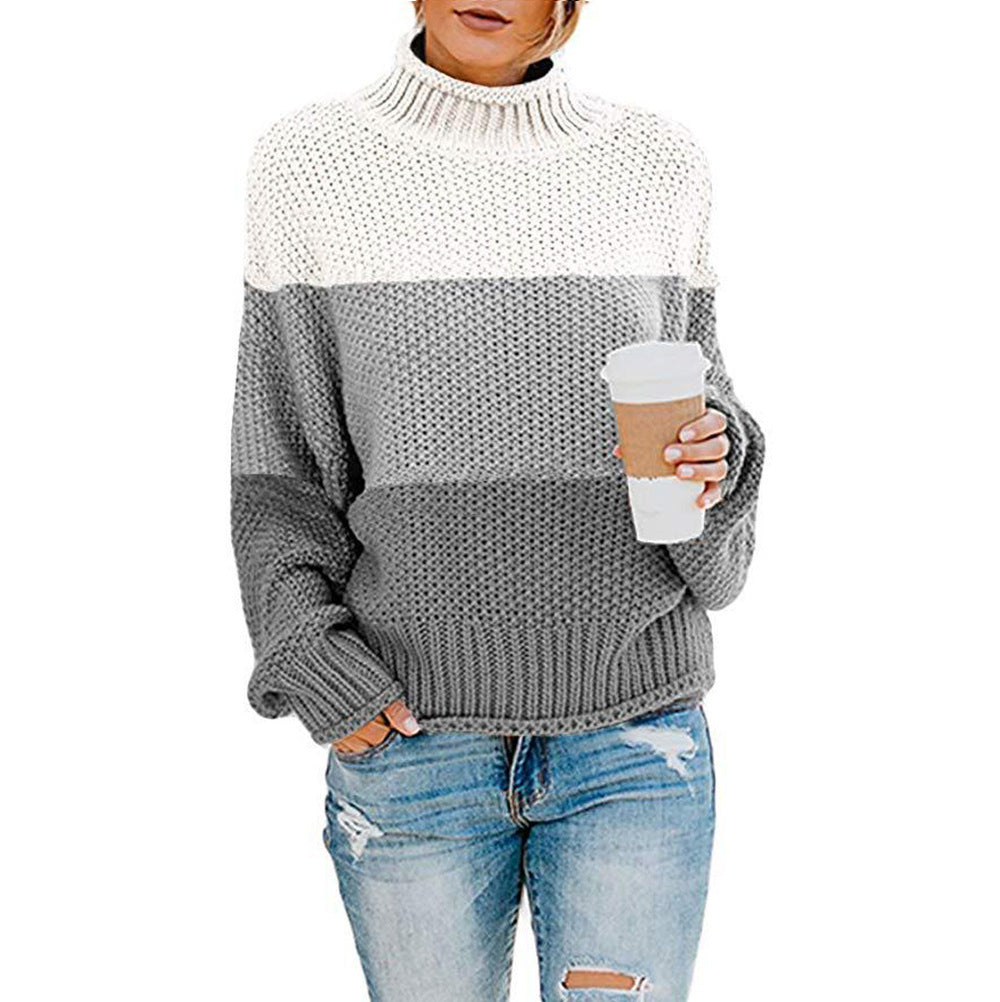 Pullover oversize donna a collo alto con design a blocchi di colore. Abbigliamento femminile elegante e comodo.