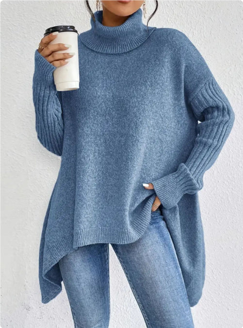 Maglione dolcevita donna con maniche lunghe, stile irregolare unico per un tocco di originalità.