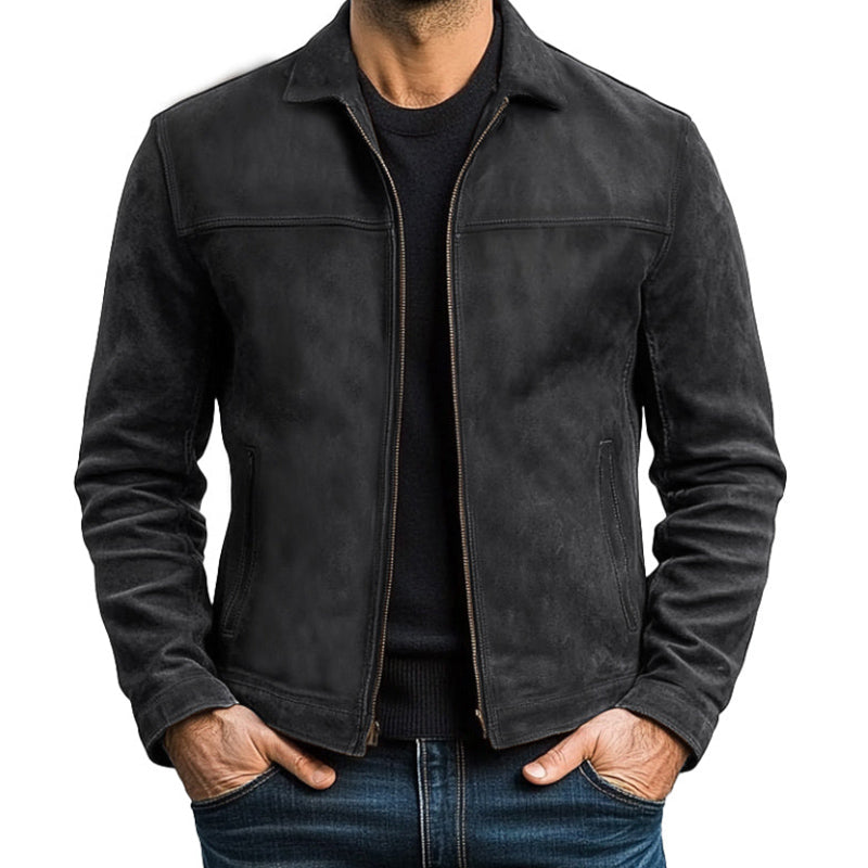 Giacca moda uomo in pelle autunnale, collo coreana. Cerniera frontale, ideale per look casual elegante.