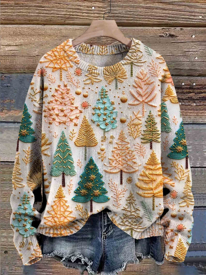 Maglione invernale da donna a maglia con motivo albero natalizio, girocollo, comodo e perfetto per l'abbigliamento festivo.
