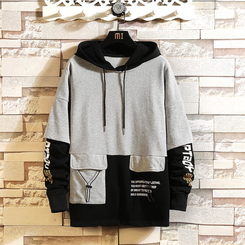 Maglione con cappuccio per uomo, stile contemporaneo a blocchi di colore, maniche lunghe casual.