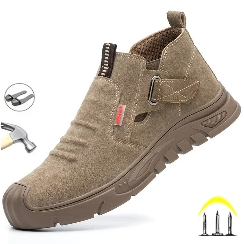 Calzature protettive uomo con design moderno, leggere e traspiranti, ideali per comfort e sicurezza al magazzino.