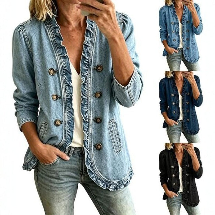 Moderna giacca di jeans da donna con balza, capospalla versatile per moda femminile e look casual.