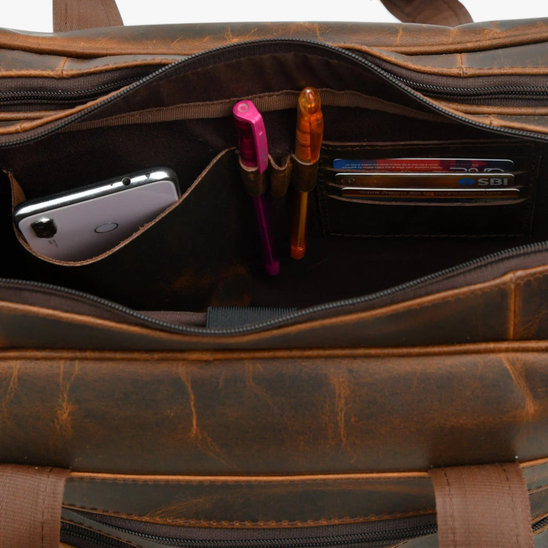 Borsa ufficio unisex marrone, design elegante e praticità con molti scomparti.