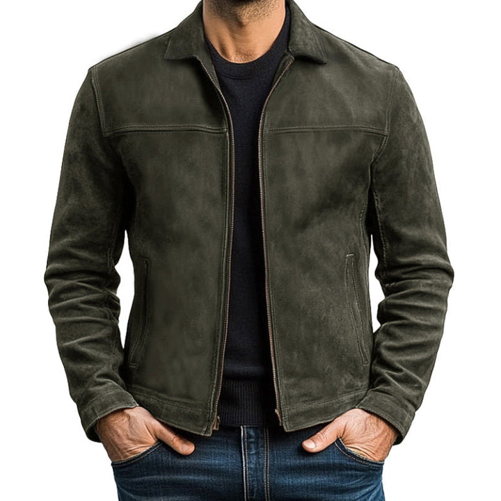 Giacca da uomo autunnale in pelle, con collo coreana e cerniera. Design moderno per uno stile casual chic.