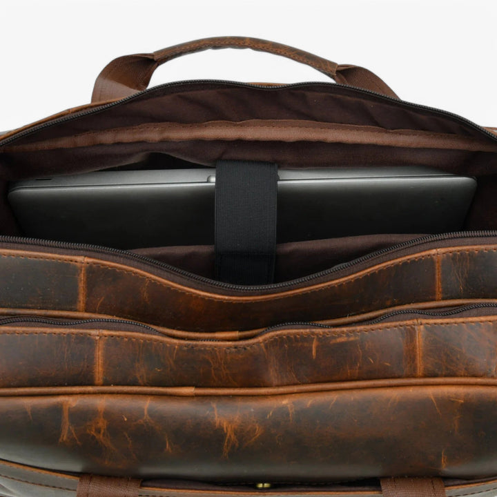 Portadocumenti marrone per laptop, con tracolla regolabile, per viaggio e lavoro.