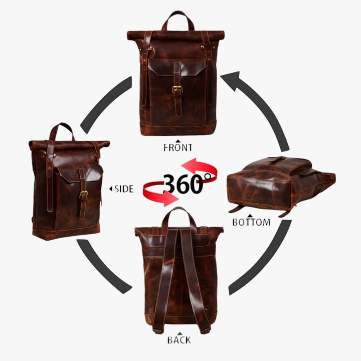 Texture del tessuto marrone resistente dello zaino roll top unisex, qualità e durevolezza visibili.