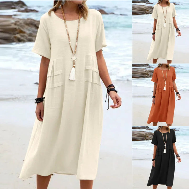 Abito midi ampio da donna in cotone e lino traspirante con maniche corte, perfetto per l'estate.