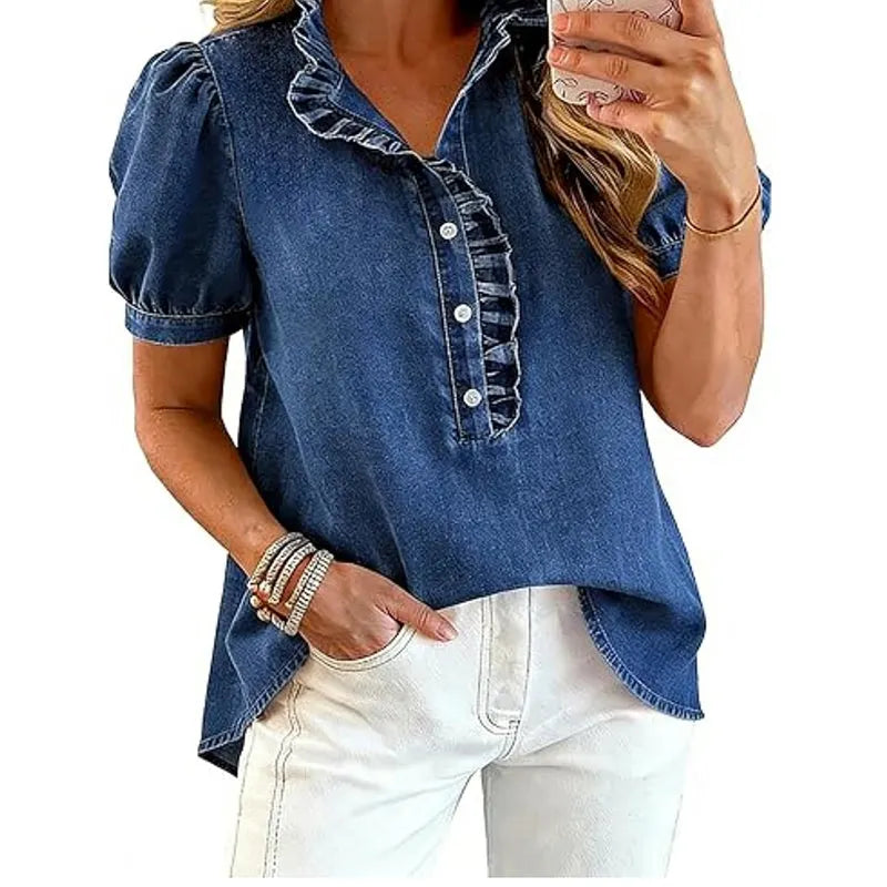 Top donna primavera/estate con maniche a sbuffo voluminose e volant delicati, stile fresco.