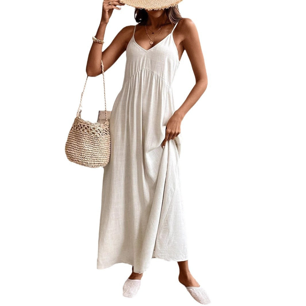 Abito estivo lungo donna, colore albicocca, senza spalline, con design a linea ad A fluida. Ideale per la spiaggia.