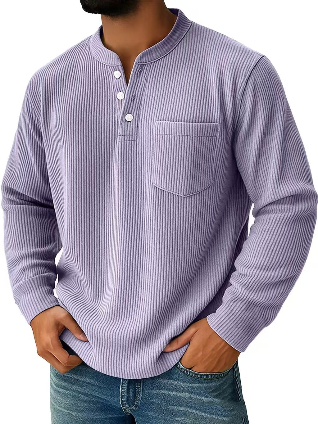Abbigliamento maschile: camicia Henley casual-elegante, maniche lunghe, collo a tre bottoni. Comoda e stilosa.