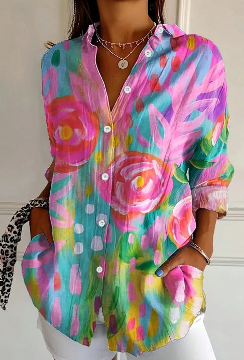 Camicia donna casual-chic a manica lunga, con stampa 3D moderna. Ideale per ogni occasione, comoda e di tendenza.