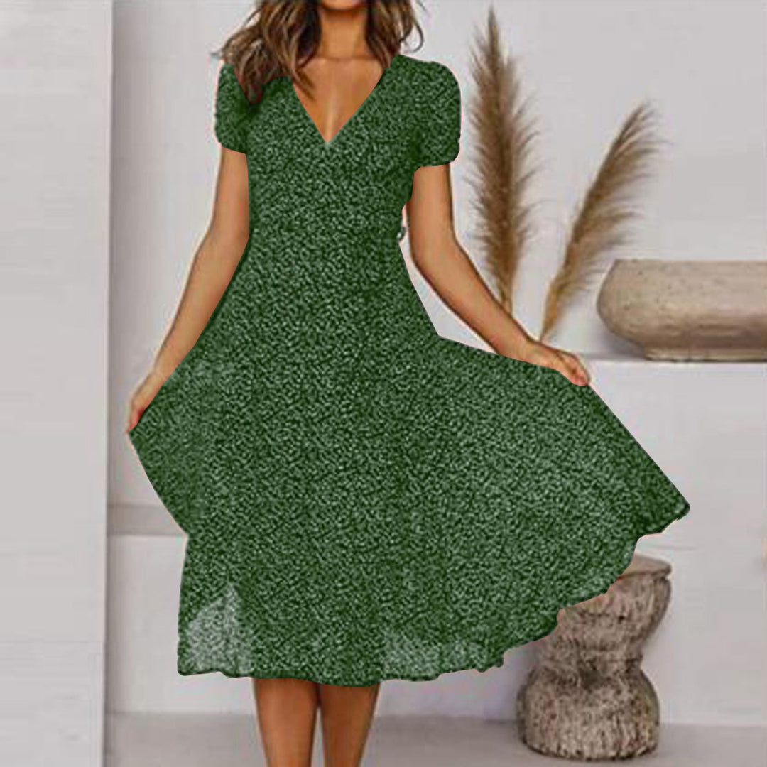 Abito donna linea A midi elegante con scollo V e gonna fluida, perfetto per moda primavera/estate casual e versatile.
