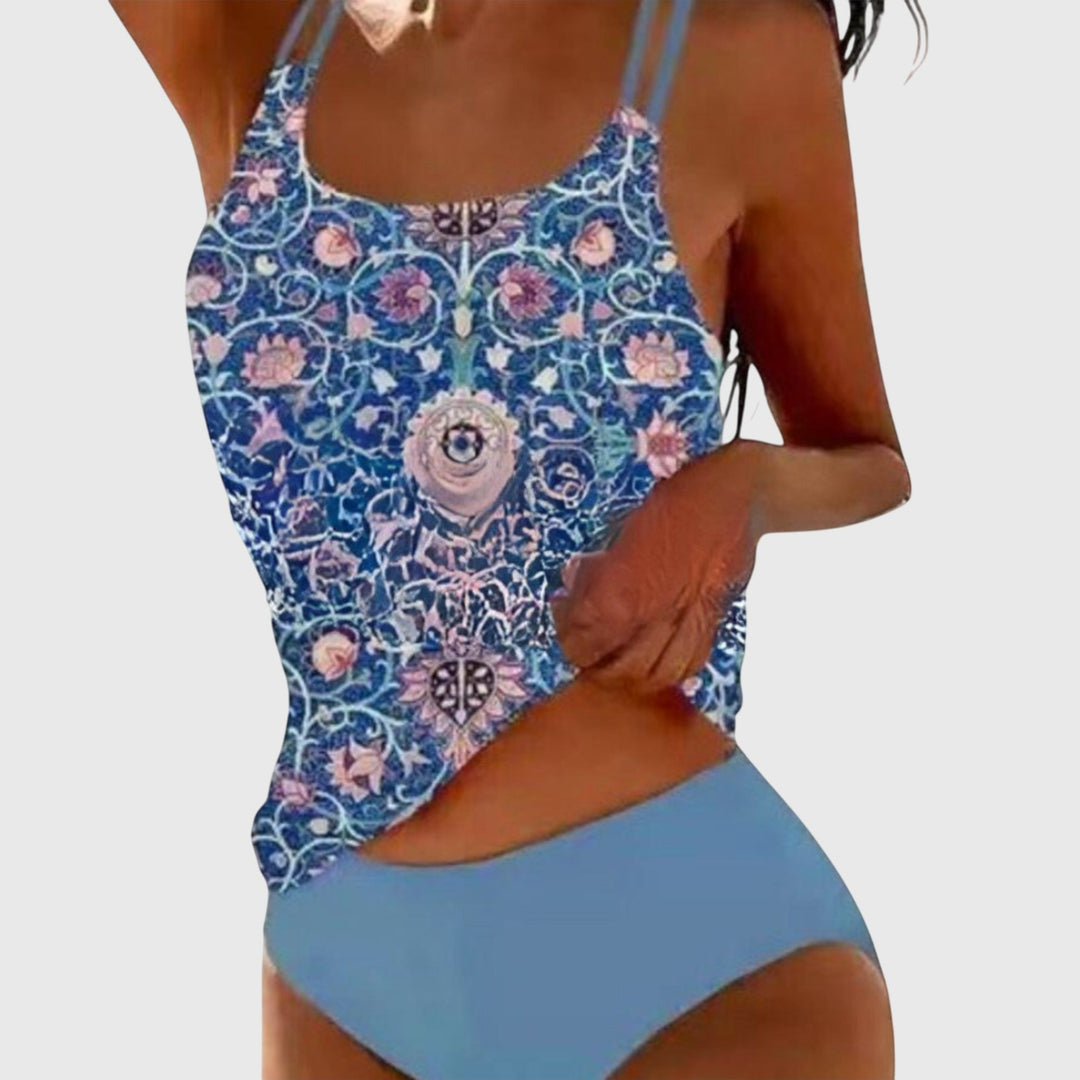 Tankini da donna estivo con stampa mandala colorata e slip alto. Ideale per giornate al mare, piscina e vacanze.