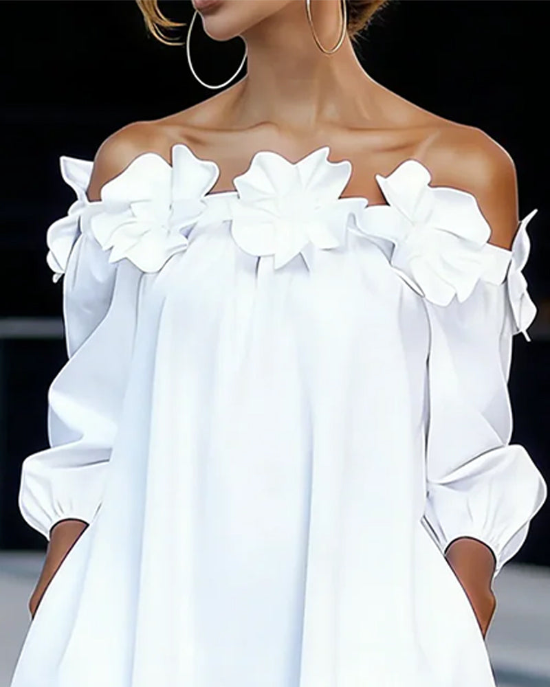 Abito svasato donna, spalle scoperte, con accattivanti fiori 3D, ideale per l'estate e occasioni speciali.