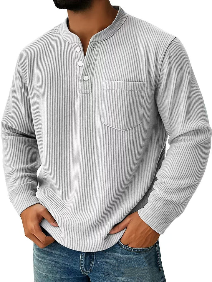 Camicia Henley maschile casual in cotone, maniche lunghe, collo a 3 bottoni. Ideale per l'abbigliamento quotidiano.