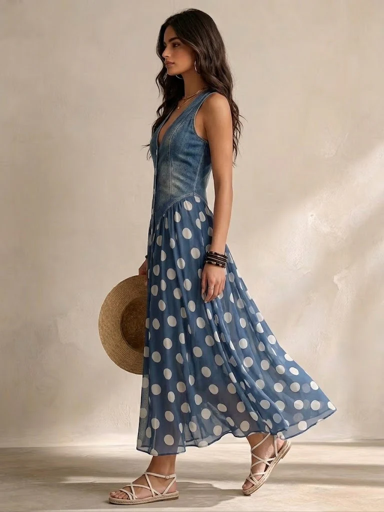 Vestito lungo donna elegante, con corpetto moderno e gonna a pois. Ideale per look casual chic estivi e occasioni.