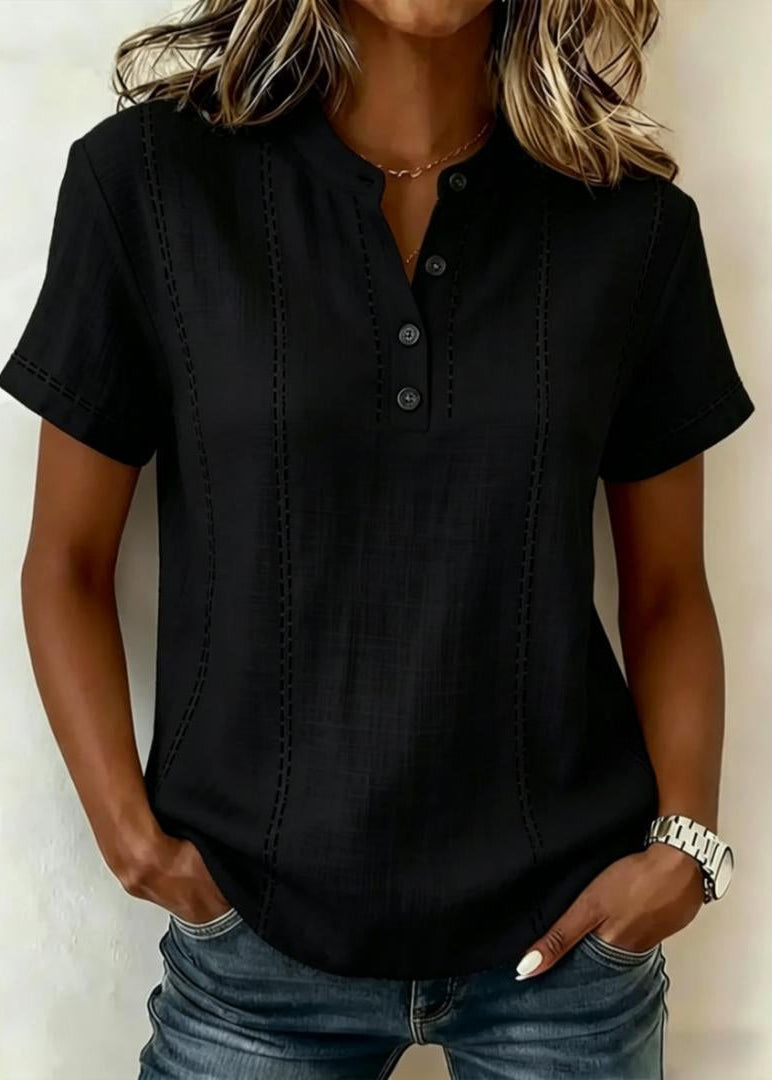 Blusa donna elegante a righe, maniche corte, colletto coreano. Ideale per ufficio o look estivo.