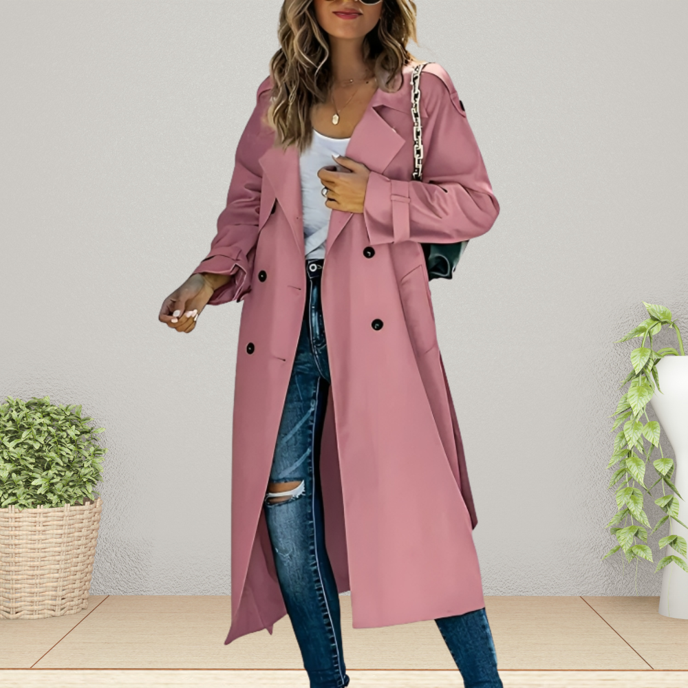 Cappotto trench da donna chic, doppiopetto, perfetto per moda primavera autunno e stile urbano elegante.