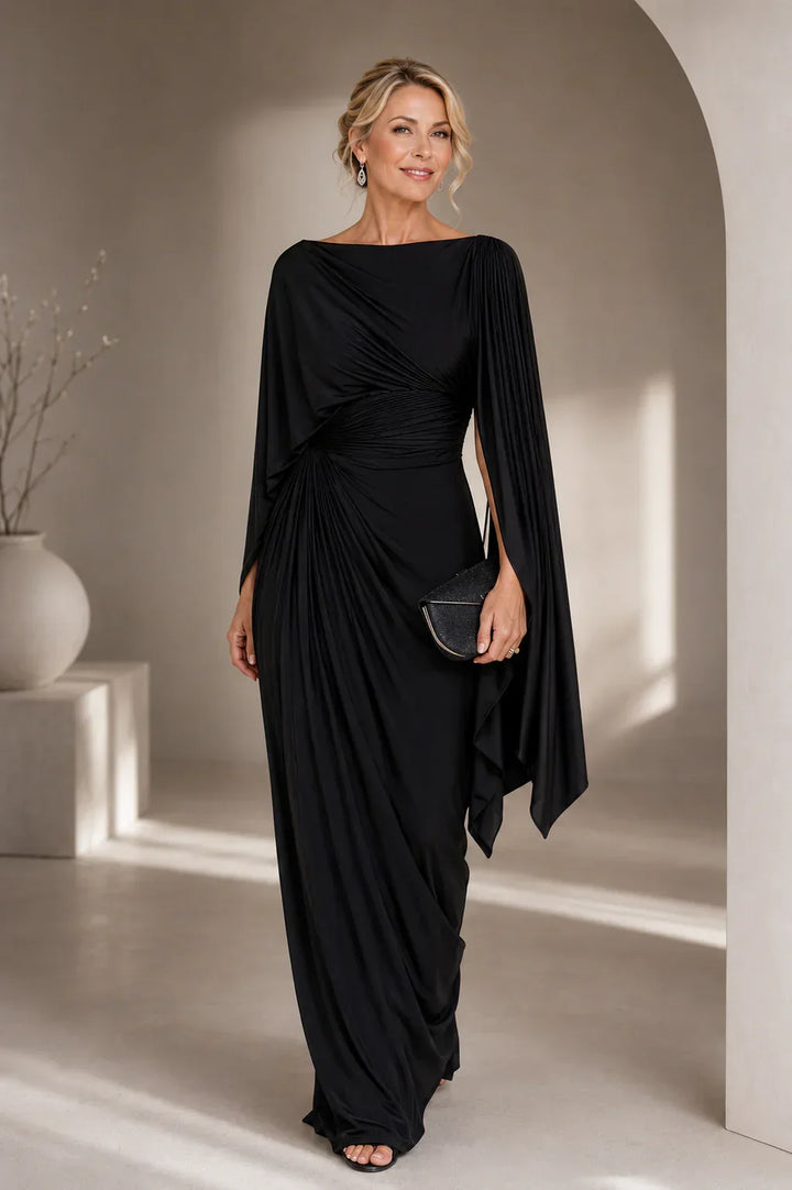 Abito blu navy plissettato lungo da donna, perfetto per cerimonie. Stile chic e vestibilità fluida, moda elegante.