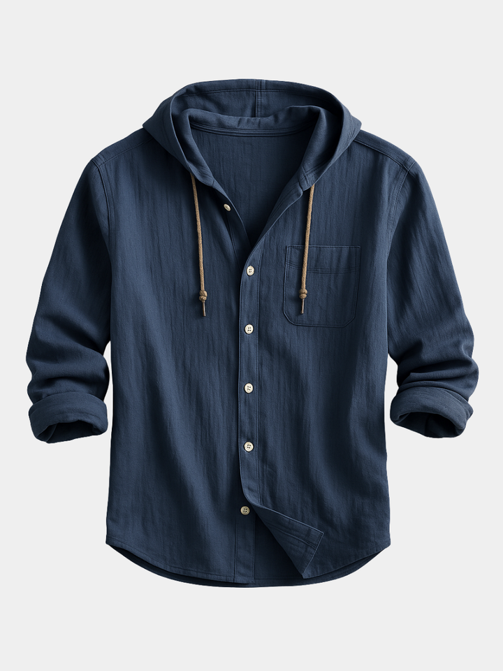 Camicia con cappuccio uomo elegante e casual, stile moderno. Perfetta per un look versatile e confortevole.