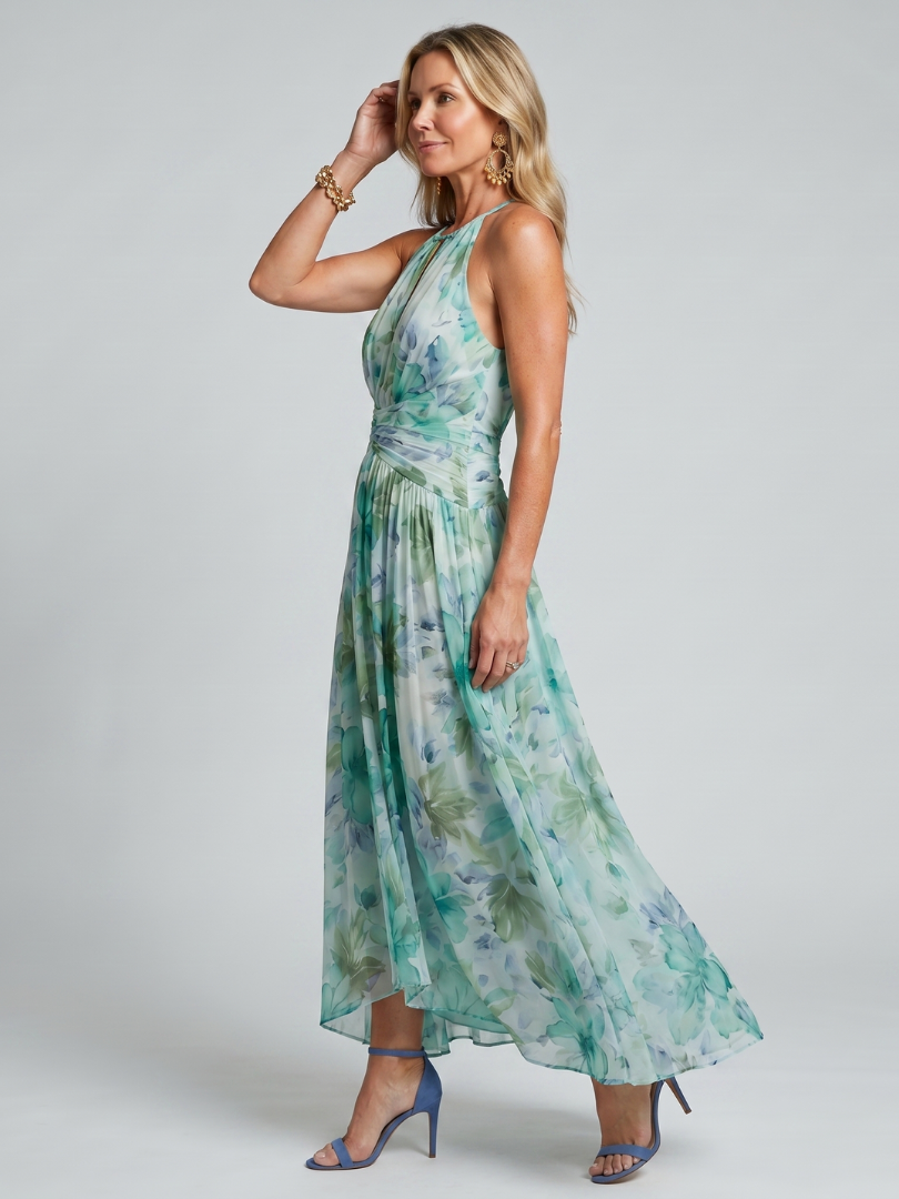 Elegante abito midi floreale verde halter da donna, perfetto per estati e vacanze.