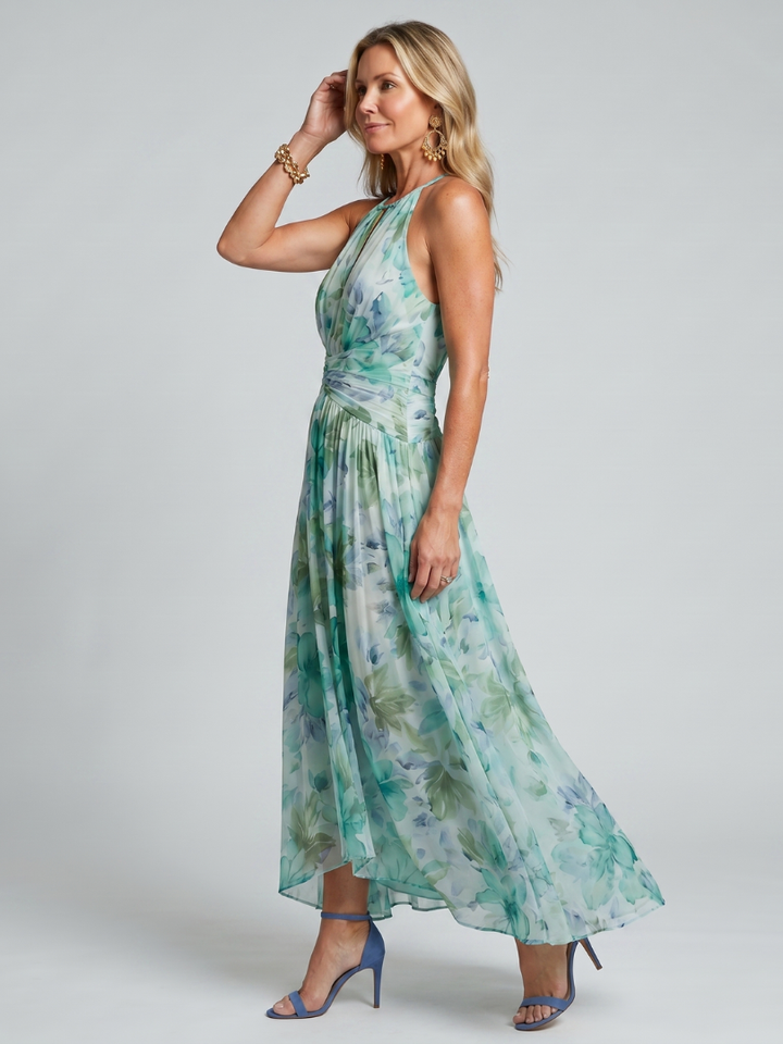 Elegante abito midi floreale verde halter da donna, perfetto per estati e vacanze.