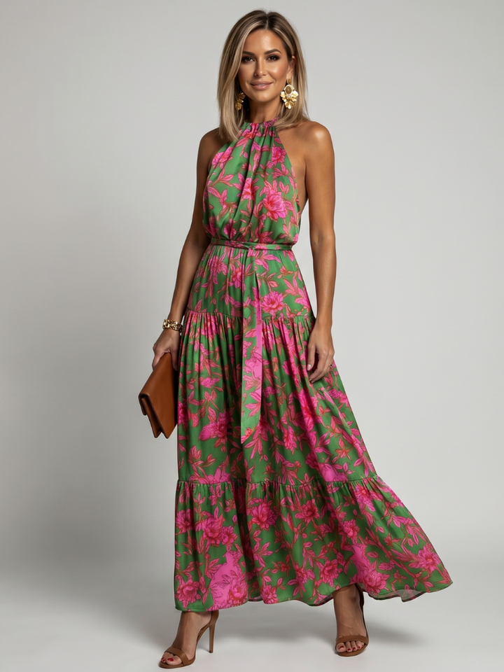 Elegante abito da cerimonia midi drappeggiato da donna, con collo halter. Perfetto per eventi speciali estivi e look chic.