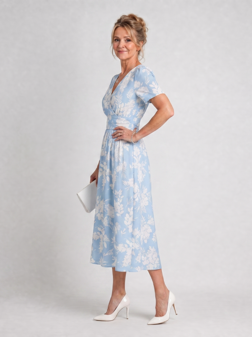 Elegante abito midi floreale da donna con scollo a V e maniche corte, ideale per giornate estive.