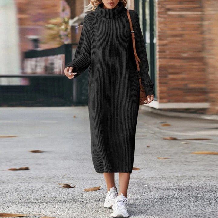 Abito midi dolcevita da donna in maglia, caldo e chic per le giornate fredde d'inverno.