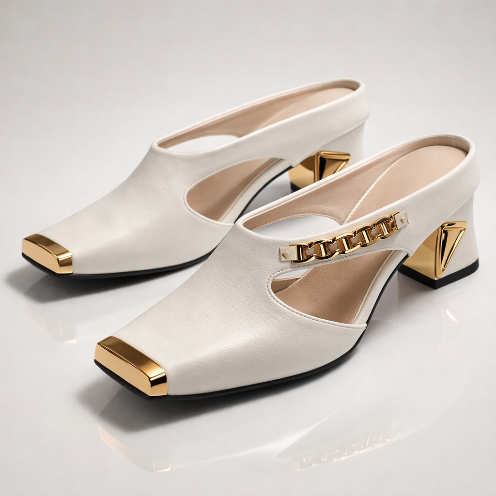 Scarpe mule da donna con tacco largo, punta quadrata e dettagli catena dorata, ideali per look eleganti.