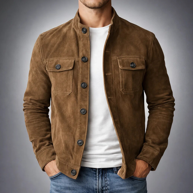 Camicia giacca uomo casual, overshirt effetto scamosciato verde per mezze stagioni. Perfetta per moda maschile.