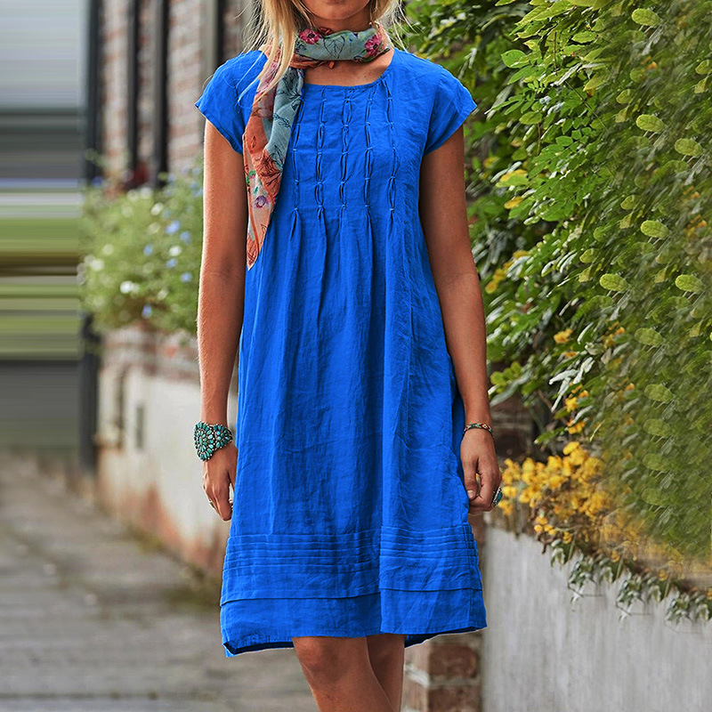 Abito donna estivo ampio con scollo a V, vestito midi casual per comfort e stile rilassato, ideale per l'estate.