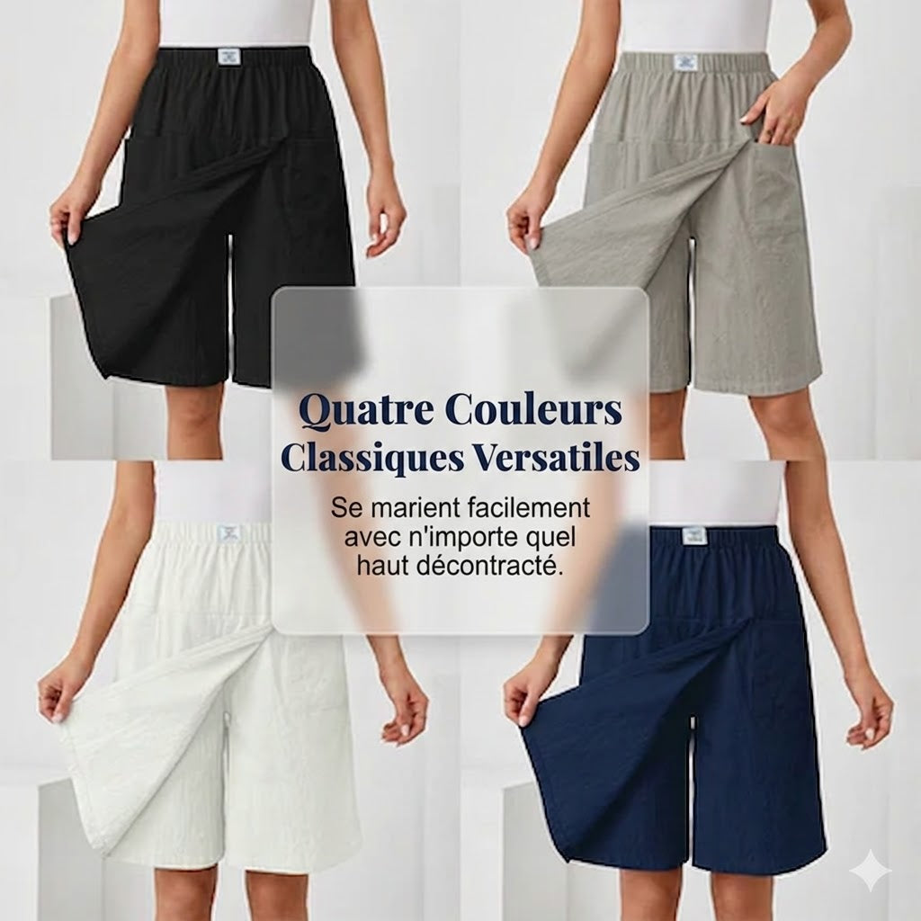 Dettaglio della gonna short da donna con vita elasticizzata e tasche, unisce comodità e stile femminile.