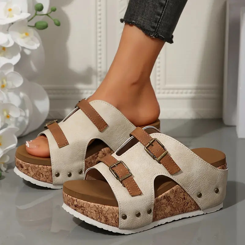 Eleganti sandali con zeppa da donna Siena in beige. Calzature estive ideali per completare outfit chic o casual con comfort.